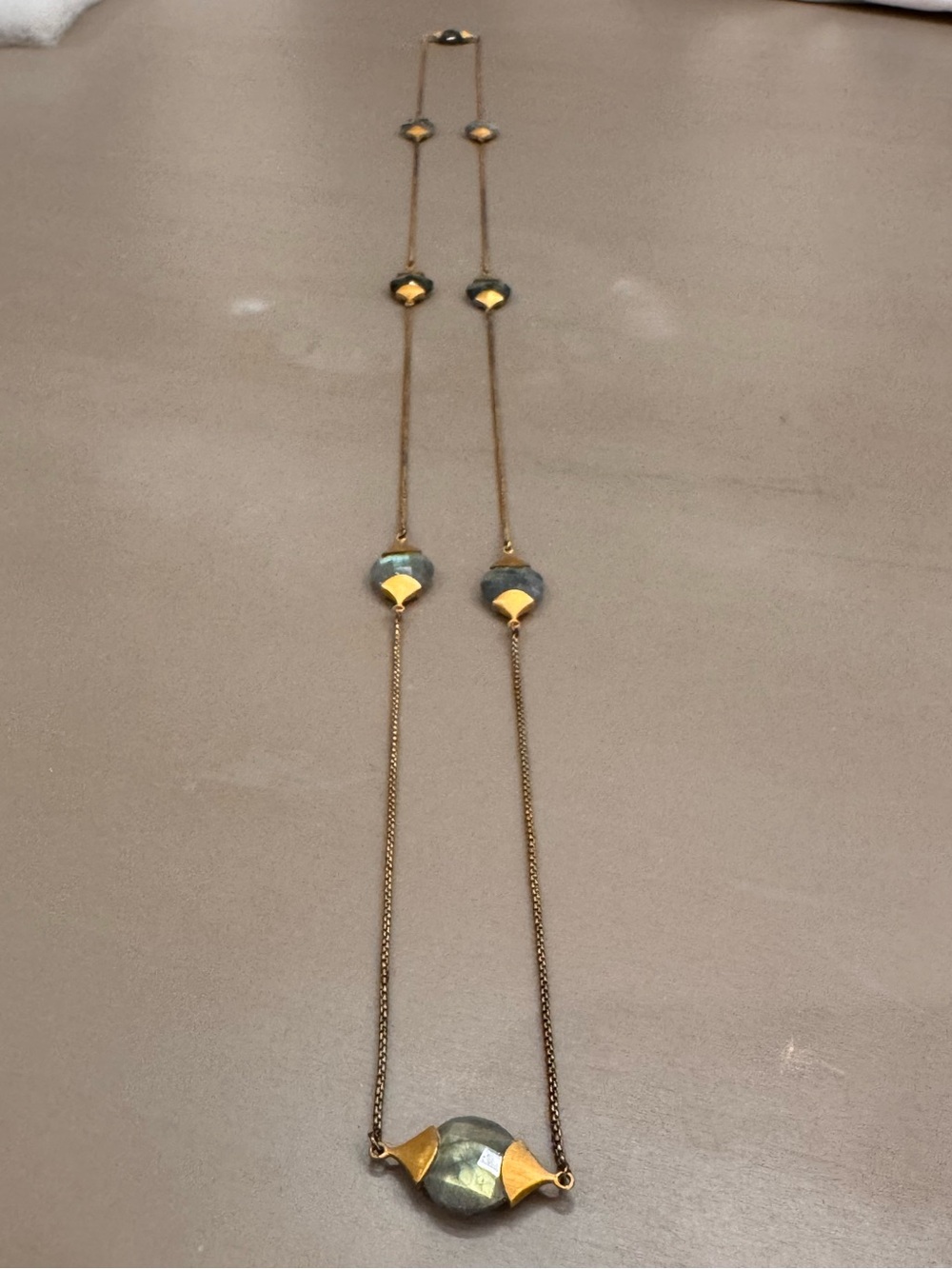 Gold-Tone Long Necklace with Green Accent Beads